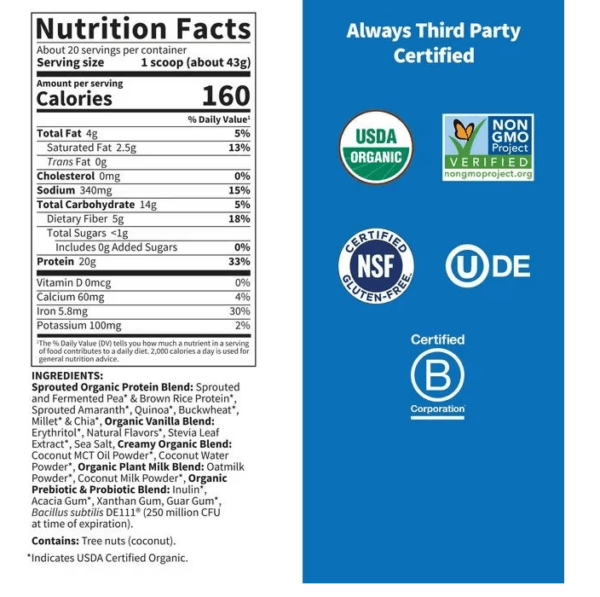 Nutition lable of organic creamy protein oatmilk