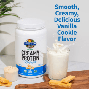 Organic Creamy Protein with Oat milk bottle near to glass