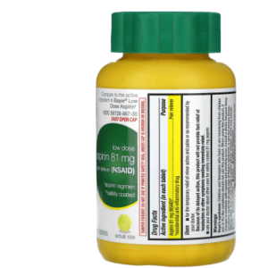 Low-Dose Aspirin 81 mg bottle side with ingredients list