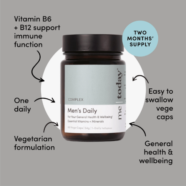 Me Today® Men's Daily Multivitamin bottle explaining its features