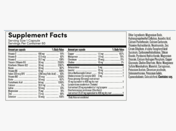 Me Today® Men's Daily Multivitamin ingredients lable