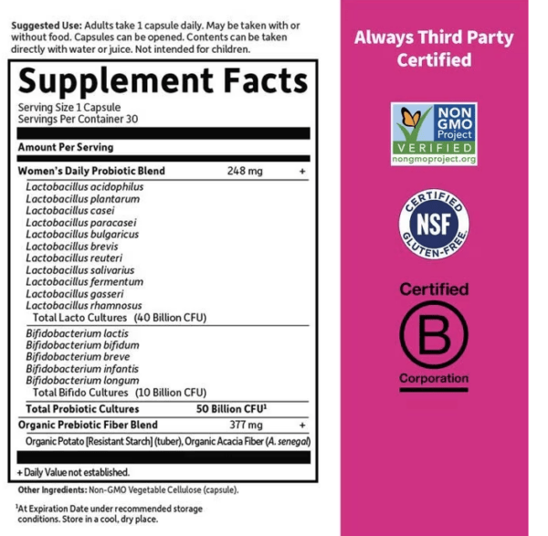 Probiotics Daily Women’s Capsules supplement facts